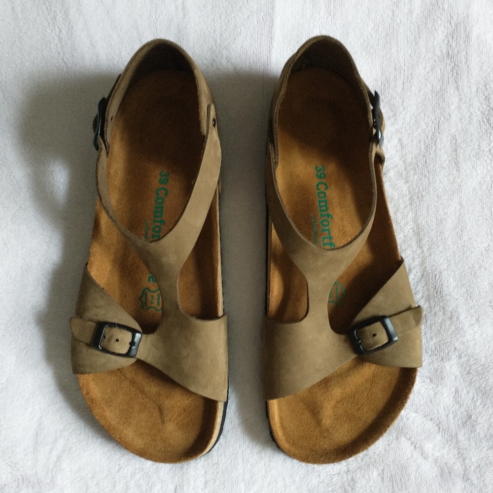 Comfort Sandals for Women - Taupe Brown Strappy Buckle